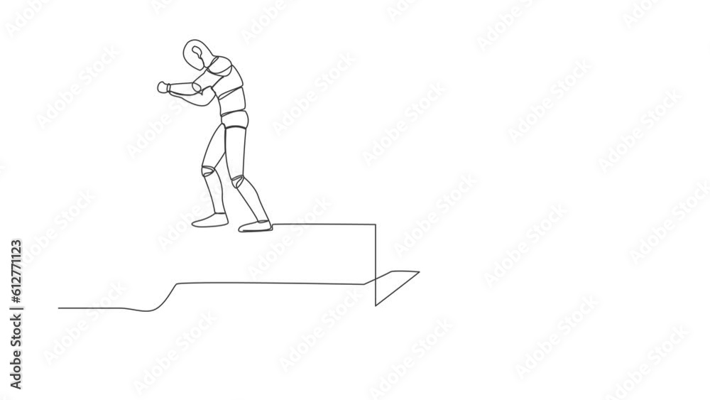 Poster self drawing animation of single one line draw robot standing on firework rocket ignite it to boost 