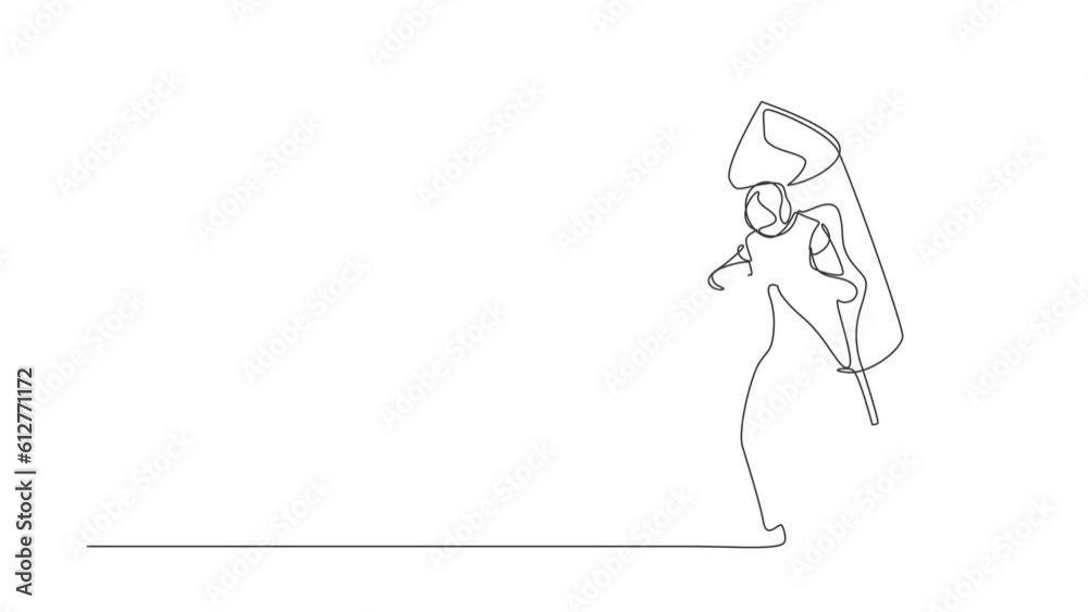 Poster animated self drawing of continuous line draw robot ignites big fireworks rocket attached to his bac