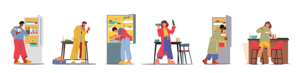 Indulging In Late-night Snacking, Characters Satisfy Their Cravings In The Late Hours, Seeking Food in Open Fridge