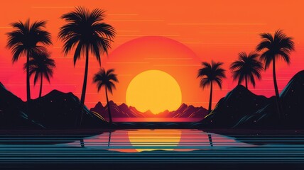Fototapeta na wymiar Summer vibes 80s style illustration with sunset. Generative AI