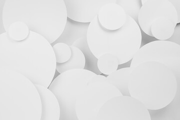 White abstract background of fly paper circles pattern of different size, perspective, top view, backdrop for advertising, design, card, poster, flyer, text in elegant soft light modern urban style.