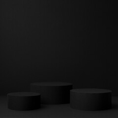 Abstract black stage with three round podiums mockup for presentation cosmetic products, goods, advertising, design, sale, text, display, showing, soft gradient in contemporary urban style, square.