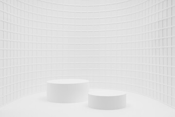 Modern white abstract stage mockup as curved alcove - two cylinder podiums, mosaic tile, exquisite beauty style, template for presentation cosmetic products, spa, goods, advertising, display, design.
