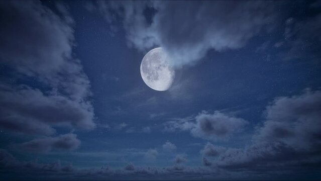 Timelapse of full moon night and starry blue sky with moving clouds. The moon on cloudy sky. Beautiful cloudscape 4k