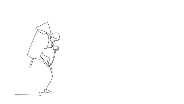 Self drawing animation of single line draw businessman ignite firework rocket attached to his back. Young entrepreneur prepare to start running new business. Continuous line draw. Full length animated