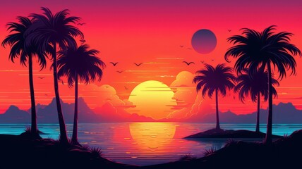 Naklejka na ściany i meble Summer vibes 80s style illustration with sunset. Generative AI