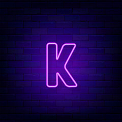 Neon letter K. Logotype on brick wall. Shiny violet label. Glowing banner. Editing text. Vector stock illustration