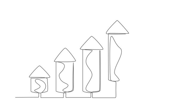 Animated self drawing of continuous line draw robot ignite firework rocket bar graph to increase company growth. Boost economic profit in electronic technology industry. Full length one line animation