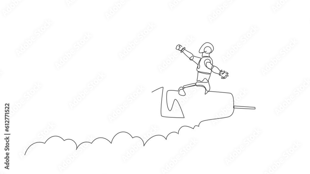 Aufkleber self drawing animation of single line draw robot flying high riding firework rocket. technology deve