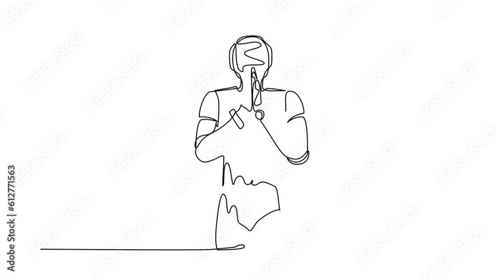 Poster animated self drawing of continuous line draw robot standing with holding palms in prayer. robot emo