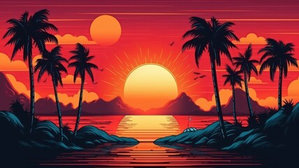 Summer vibes 80s style illustration with sunset. Generative AI - obrazy, fototapety, plakaty