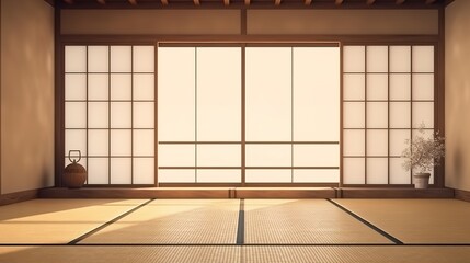 Empty traditional Japanese room with tatami mat floor, wood shoji window in sunlight for East Asian interior design decoration, architecture, lifestyle product display background 3D