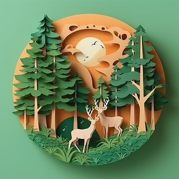 Ecosystem Restoration, environment day concept 2023 tree background. Recycle icon paper cut banner with green forest. Eco-friendly recycling symbol, Ecology project