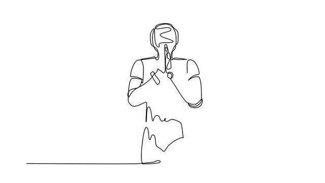 Animated self drawing of continuous line draw robot standing with holding palms in prayer. Robot emotion, body language gesture. Modern robotic artificial intelligence. Full length one line animation