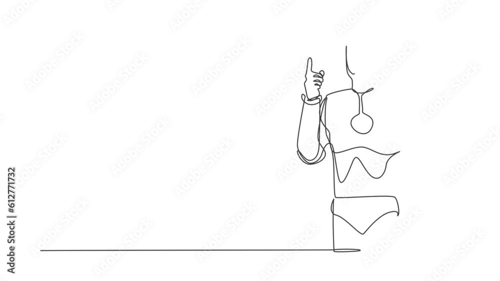 Poster self drawing animation of single line draw robot standing with finger index up. emotion body languag