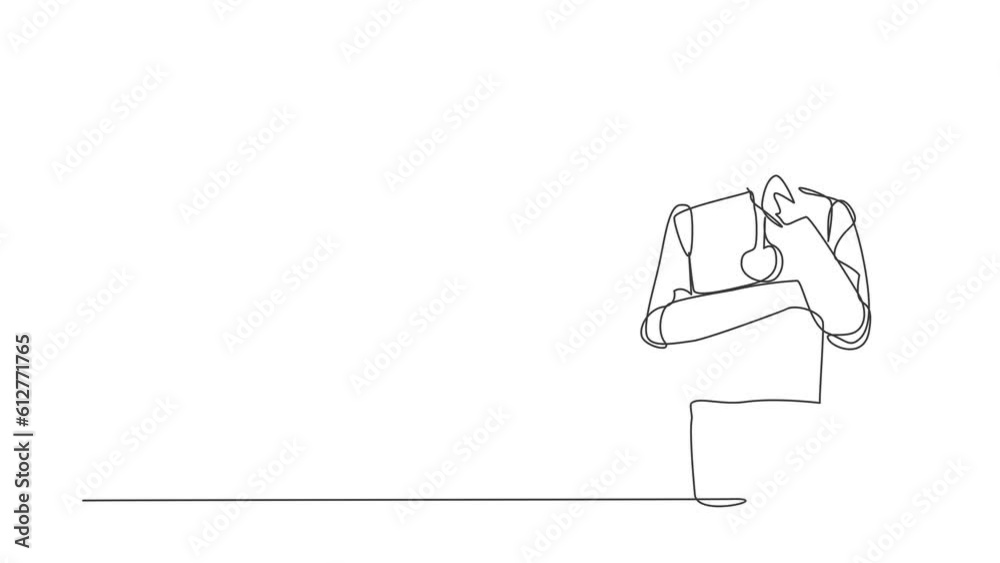 Poster animated self drawing of continuous line draw robot standing in thoughtful holding chin thinking. mo