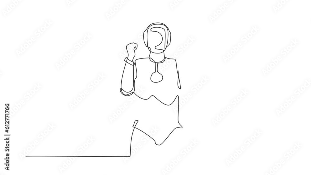 Poster animated self drawing of continuous line draw robot standing with both hands gesture yes, celebrate 