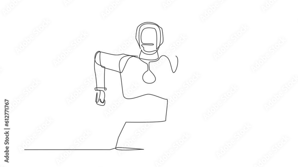 Poster animated self drawing of continuous line draw robot standing with angry gesture. emotional in rage. 