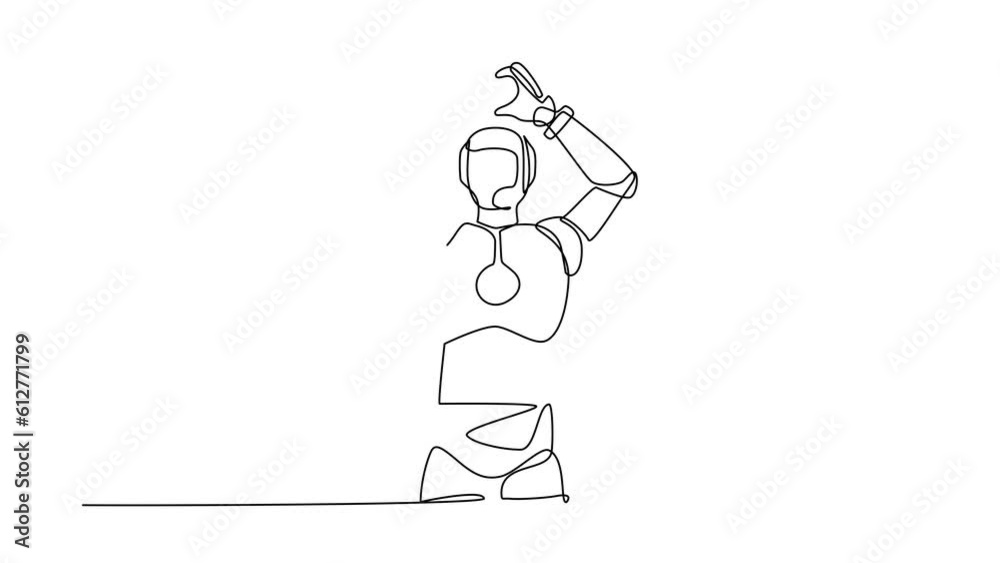 Poster self drawing animation of single line draw robot standing with making love sign or symbol with finge