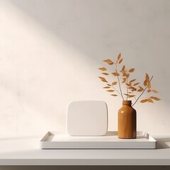 Modern, minimal square wooden podium tray on glossy white table counter, vase of tree twig, leaf shadow on wall background for luxury beauty, cosmetic, organic, nature, fashion, food product display