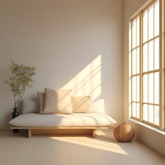 Modern, minimal white fabric bolster back corner sofa, cushion in sunlight from wooden shoji window, Japanese traditional tatami mat for Asian interior design decoration, product display background 3D