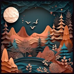 Paper art, abstract background with origami shapes. Paper waves, layers texture. Geometric design layout. Fairytale autumn forest, night, moon