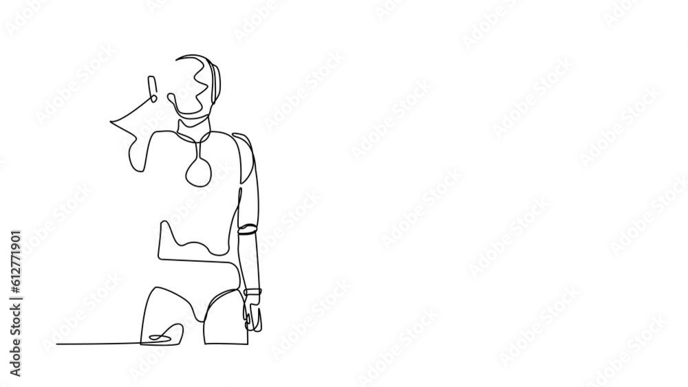 Poster animated self drawing of continuous line draw robot standing with making 'l' symbol, showing loser s