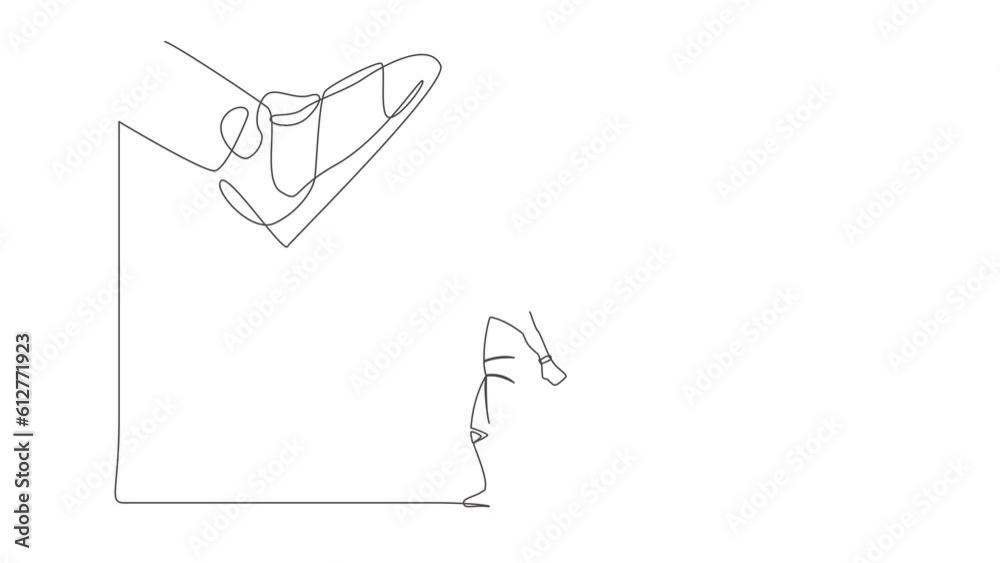 Poster animated self drawing of continuous line draw robot speaking with megaphone under giant shoe. boot o
