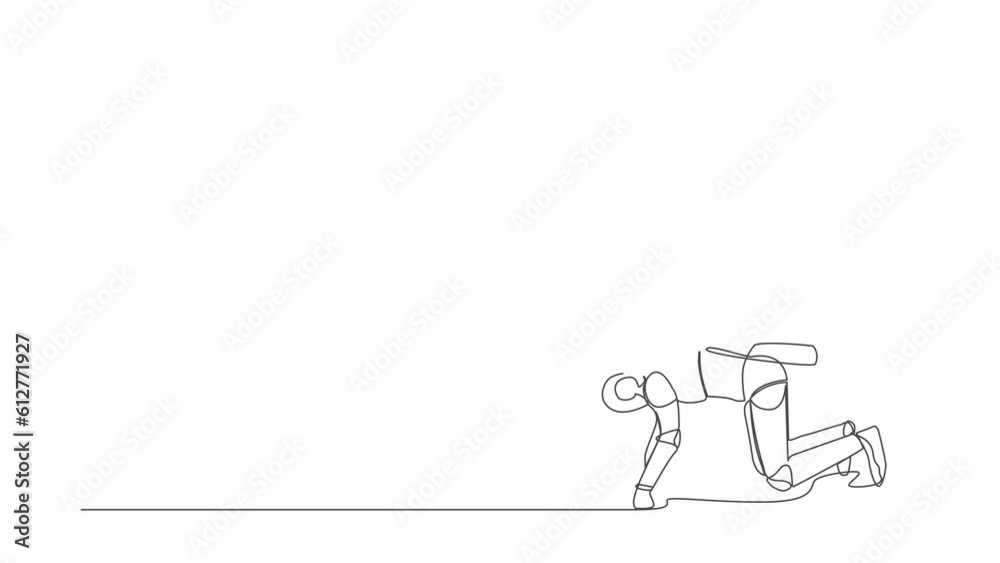 Poster self drawing animation of single line draw robot crawling under giant foot trample. robot oppressed 