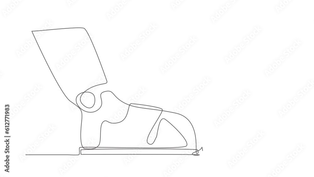 Poster self drawing animation of single one line draw of robot kneeling giant foot. robot apologize to boss
