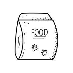 Packaging of pets feed with the inscription food and a painted paw. Vector doodle illustration of a bag of dry food for dogs or cats.