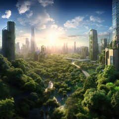 city skyline at sunset