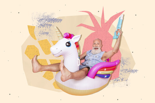 Creative composite collage photo of positive happy elderly pensioner sit on inflatable unicorn hold water gun isolated drawing background