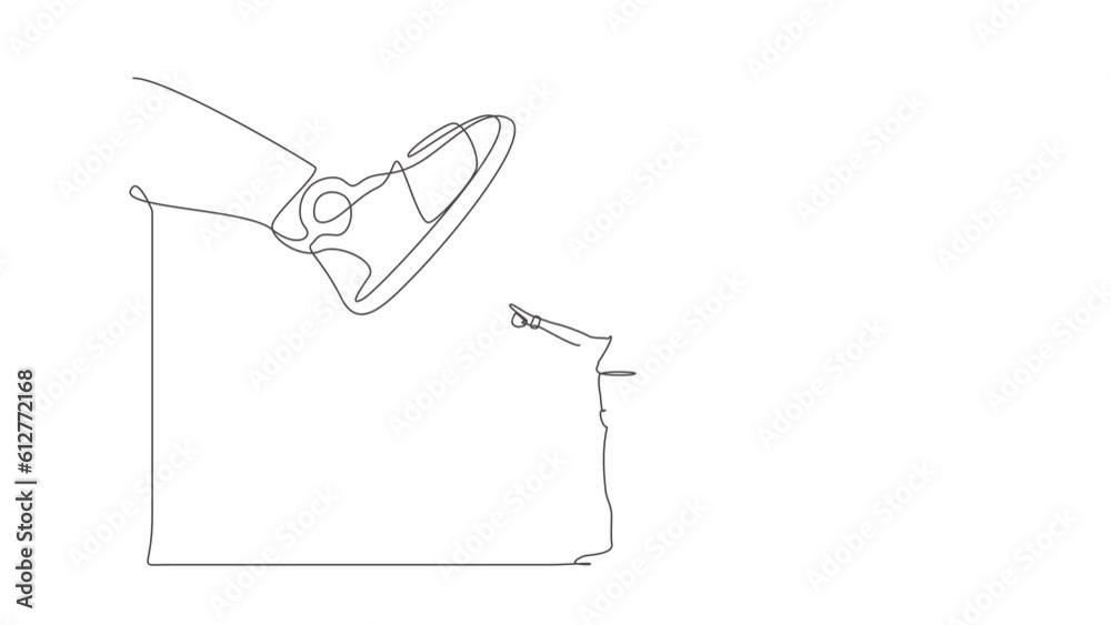 Poster animated self drawing of continuous line draw robot facing against giant shoes stomping. robot point