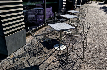 Park furniture chess table and chairs, stripes, tiles four persons made of light metal and wooden...