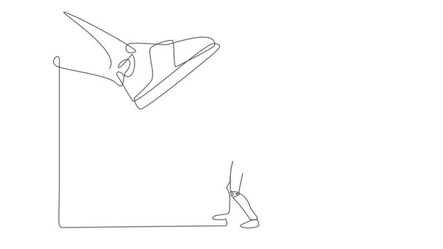 Self drawing animation of single line draw robot punching uppercut under big foot stomp. Robot against authoritarian or anger boss. Technology development. Continuous line draw. Full length animated