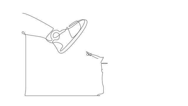 Animated self drawing of continuous line draw robot facing against giant shoes stomping. Robot pointing against giant foot step. Modern robotic artificial intelligence. Full length one line animation