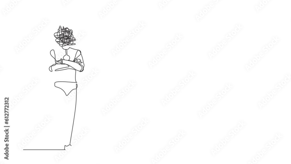 Poster animated self drawing of continuous line draw robot with round scribble instead of head, standing wi