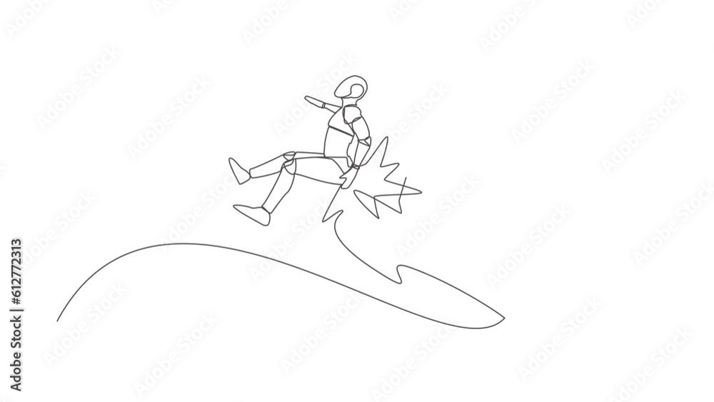 Poster animated self drawing of single continuous line draw robot getting fired, flying through air after b