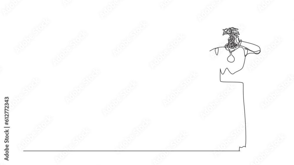 Poster animated self drawing of continuous line draw robot with round scribbles instead of head. confused r