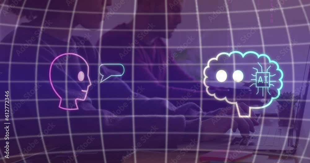 Poster animation of ai data processing with chat icons and diverse businesspeople with computers