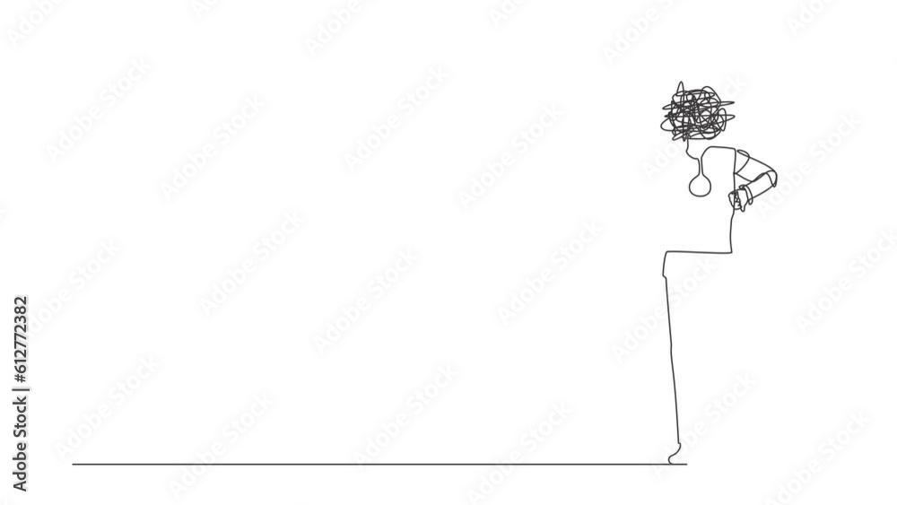 Poster self drawing animation of single one line draw robot with round scribbles instead of head, standing 