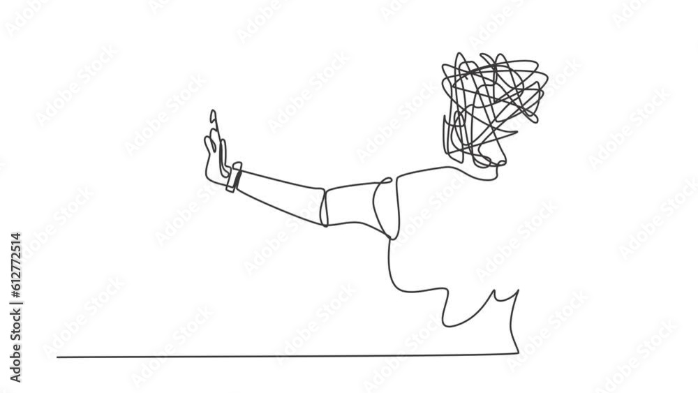 Poster animated self drawing of continuous line draw robot with round scribbles instead of head, stop. robo