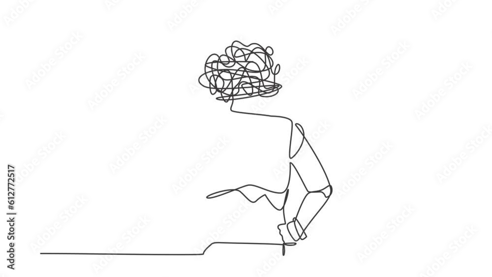 Poster animated self drawing of continuous line draw robot with round scribbles instead of head, standing h