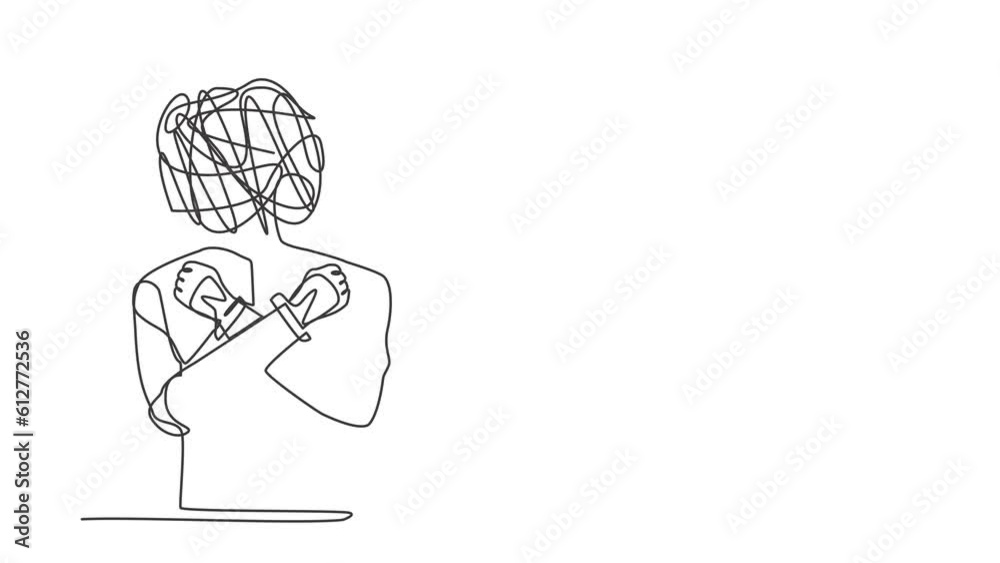 Poster self drawing animation of single one line draw robot with round scribbles instead of head. robot wit