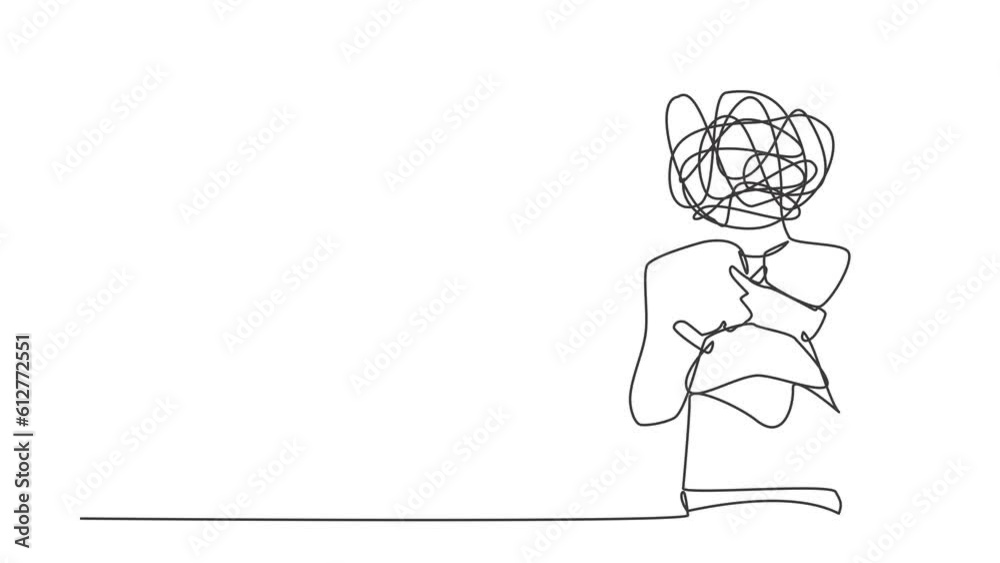 Poster animated self drawing of continuous line draw robot with round scribbles instead of head. sign cross