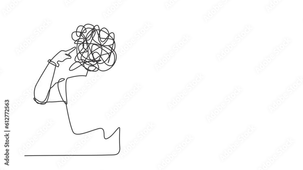 Poster self drawing animation of single line draw robot with round scribbles instead of head, covering ears