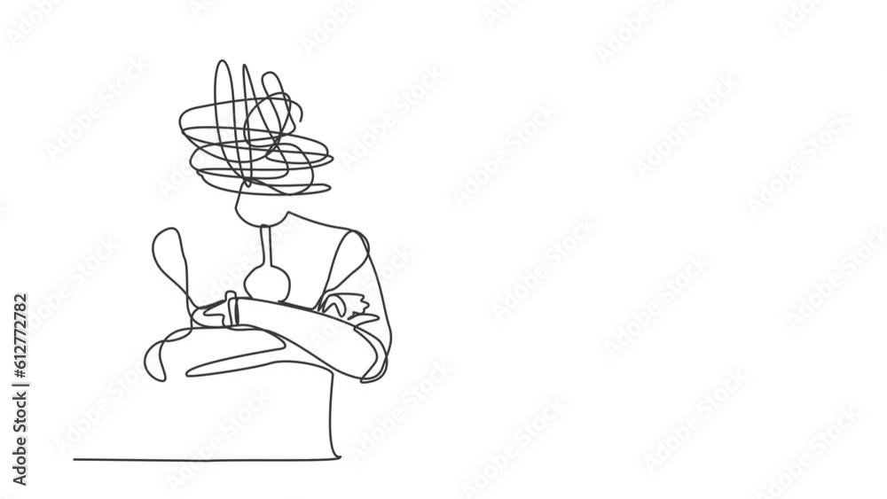 Poster self drawing animation of single one line draw robot with round scribbles instead of head, keeping a
