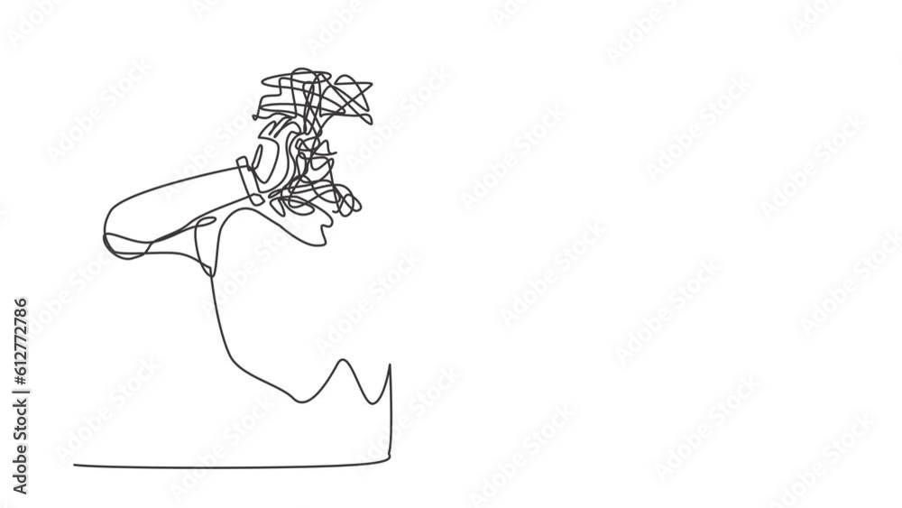 Poster animated self drawing of continuous one line draw robot with round scribbles instead of head. confus