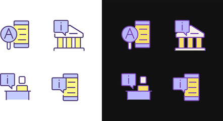 Types of informational support pixel perfect light and dark theme color icons set. Online and offline services. Simple filled line drawings. Bright cliparts on white and black. Editable stroke